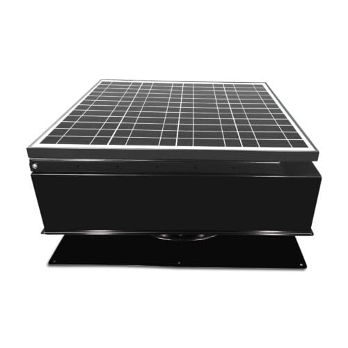 A black solar attic fan with a white-outlined solar panel.
